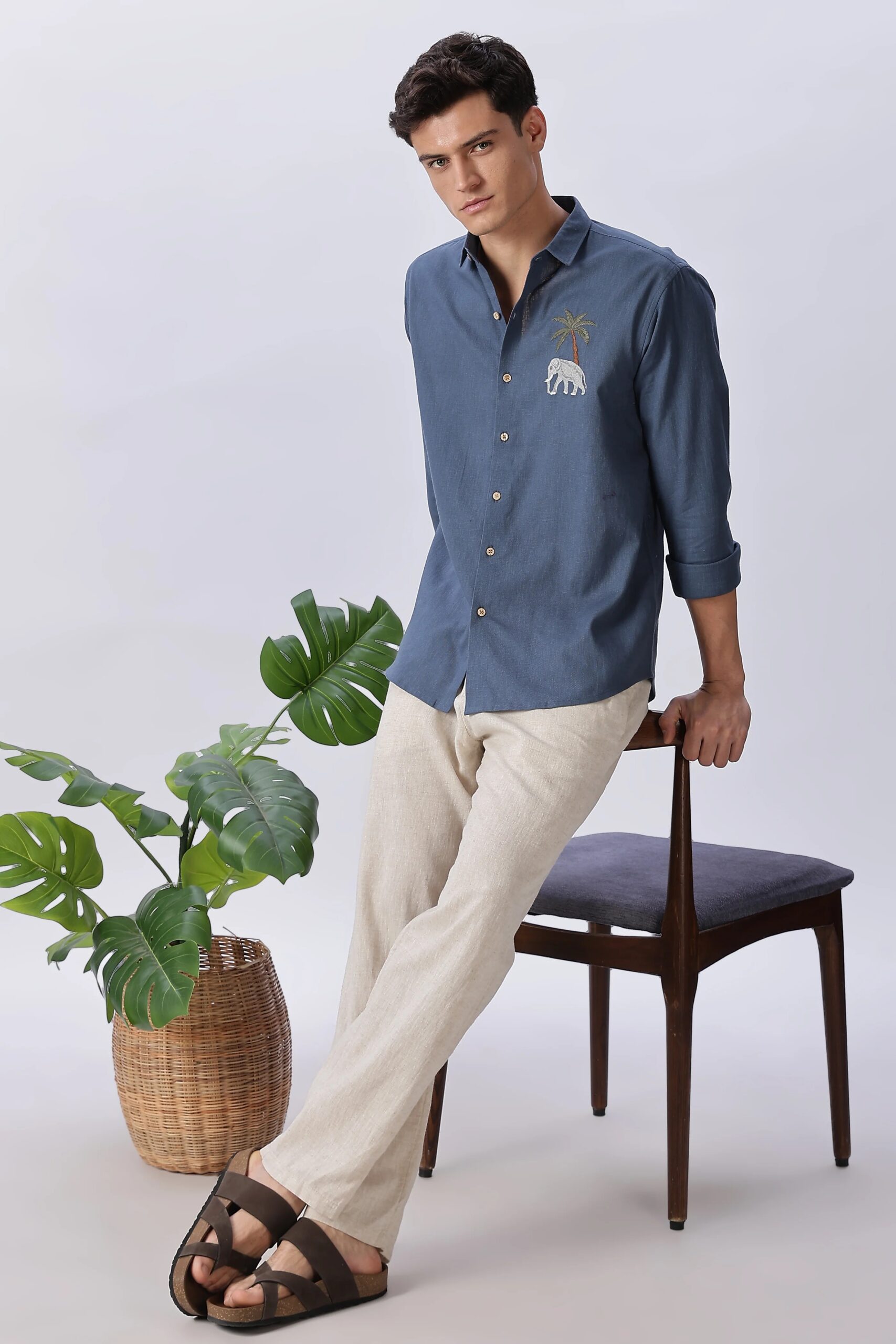 Threadora Men Blue Elephant Embroidered Casual Shirt