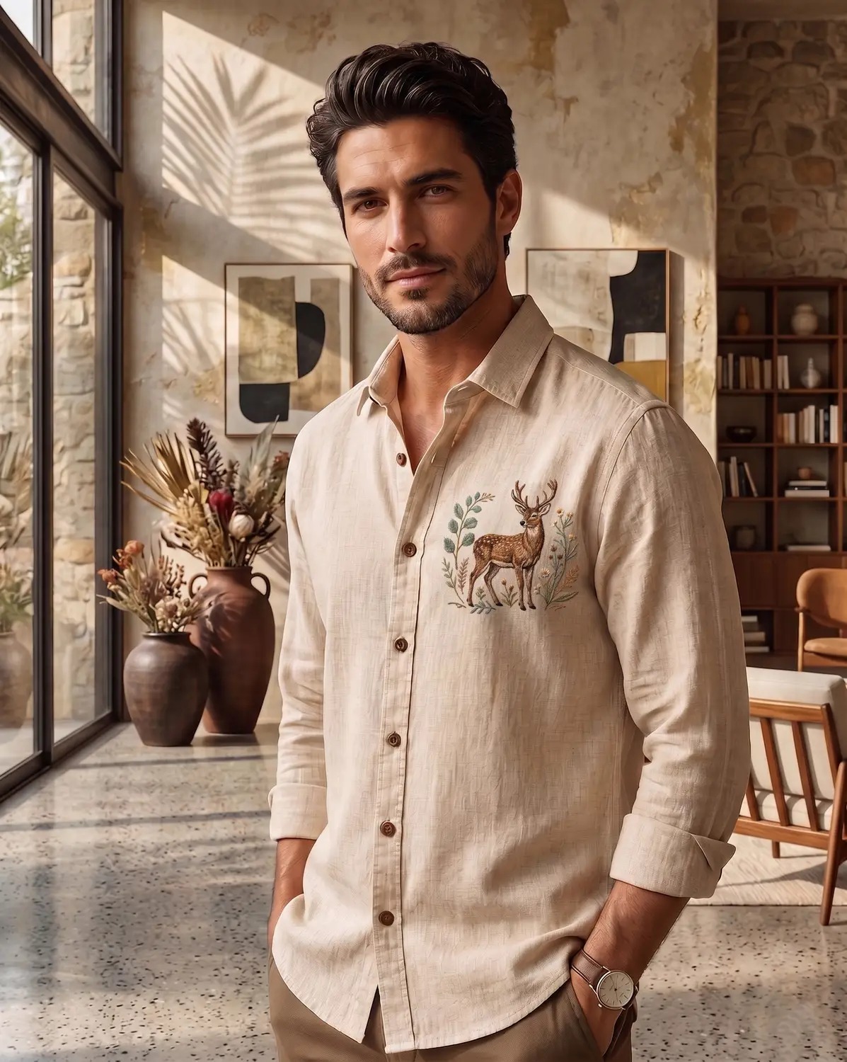 Threadora Men Regular Fit Deer Embroidered Casual Shirt