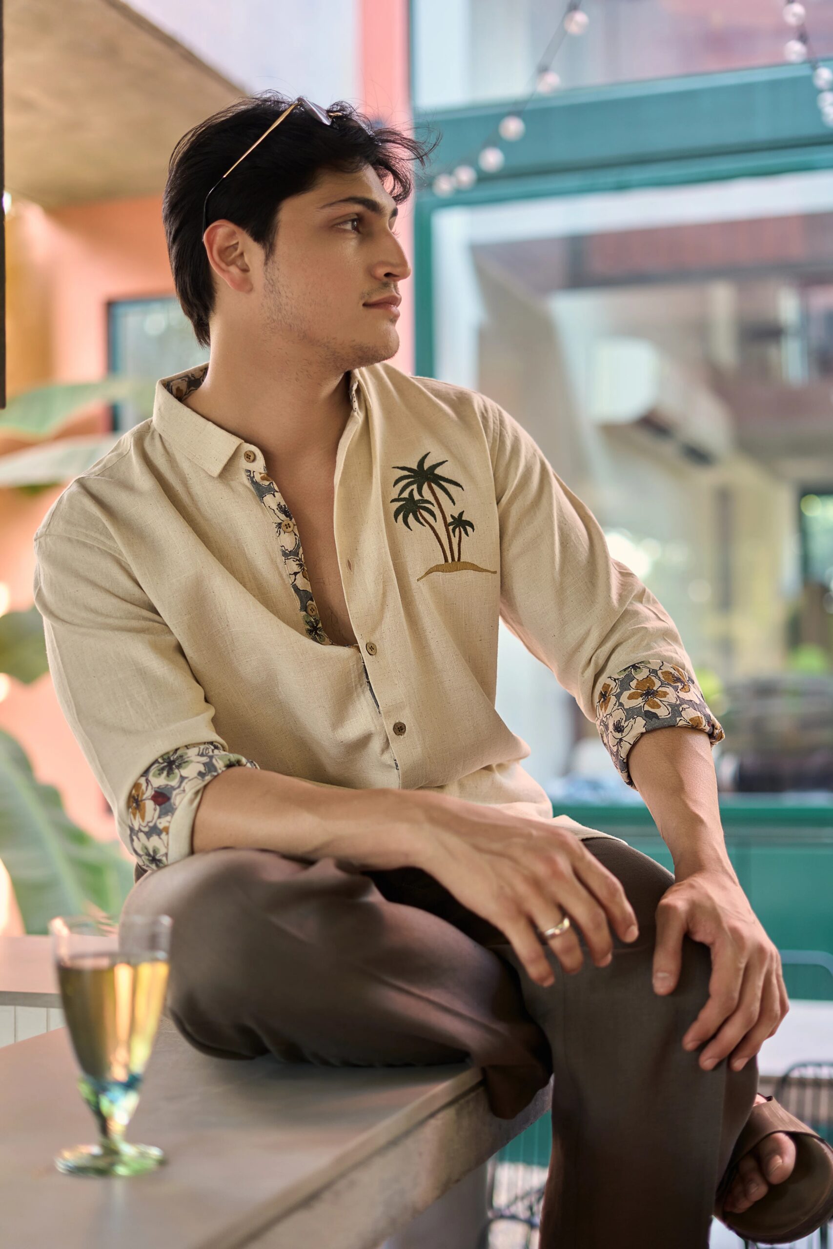 Threadora Men Sand Palm Embroidered Casual Shirt